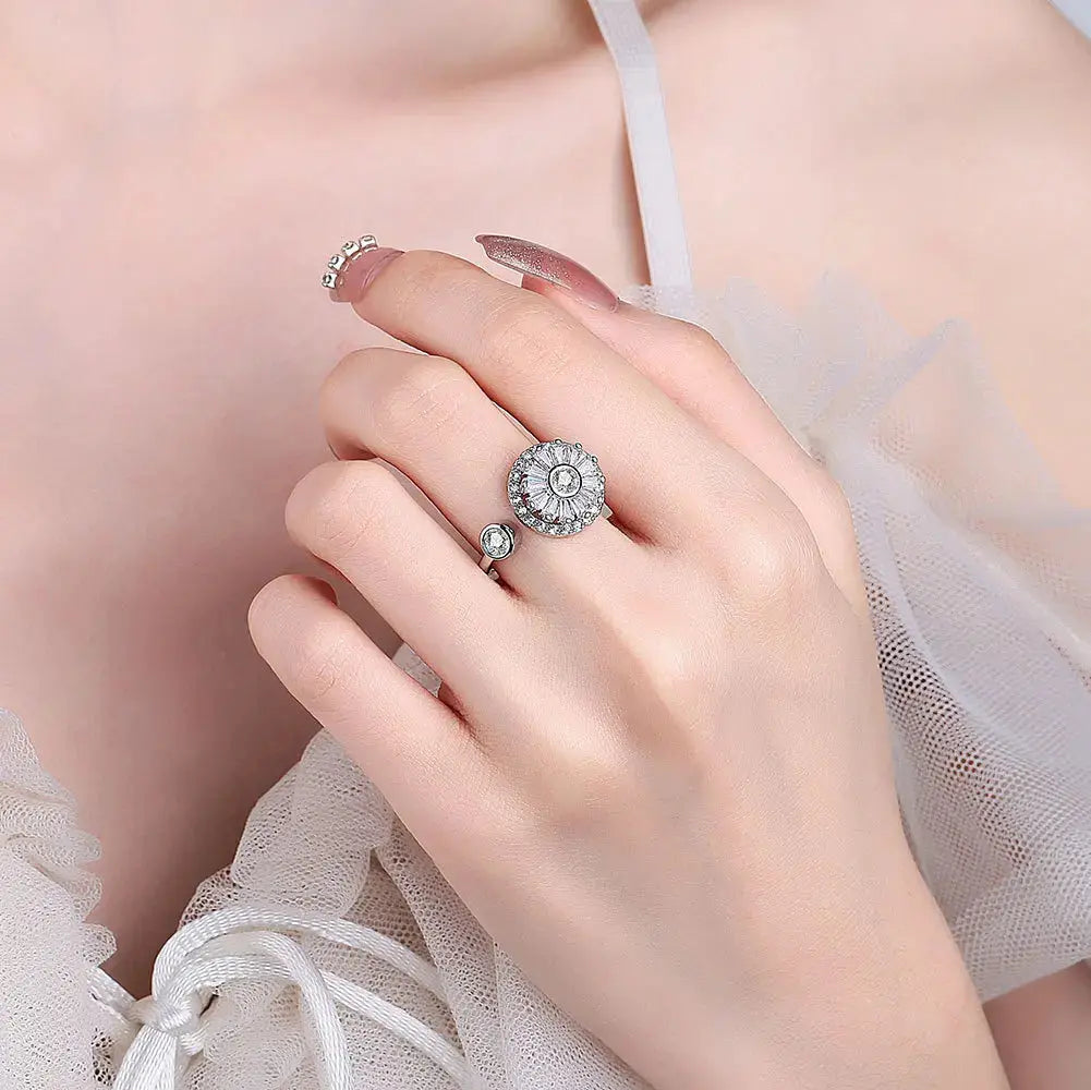 VENTFILLE 925 Sterling Silver Sunflower Diamond Zircon Rotatable Ring For Women Gift Relieve Stress Ring Jewelry Wholesale Streetsharks