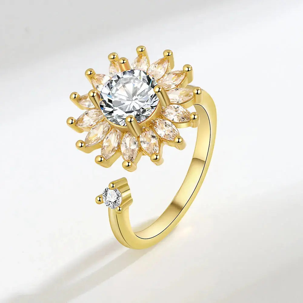 VENTFILLE 925 Sterling Silver Sunflower Diamond Zircon Rotatable Ring For Women Gift Relieve Stress Ring Jewelry Wholesale Streetsharks