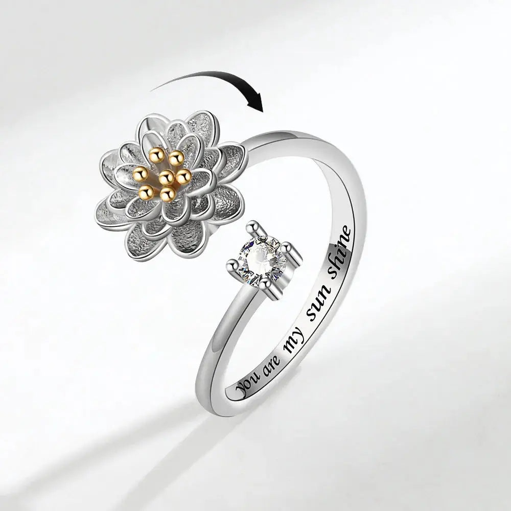 VENTFILLE 925 Sterling Silver Sunflower Diamond Zircon Rotatable Ring For Women Gift Relieve Stress Ring Jewelry Wholesale Streetsharks