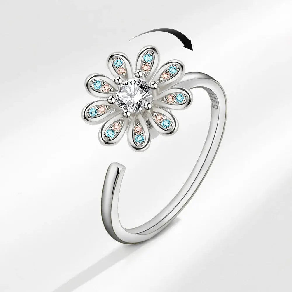 VENTFILLE 925 Sterling Silver Sunflower Diamond Zircon Rotatable Ring For Women Gift Relieve Stress Ring Jewelry Wholesale Streetsharks