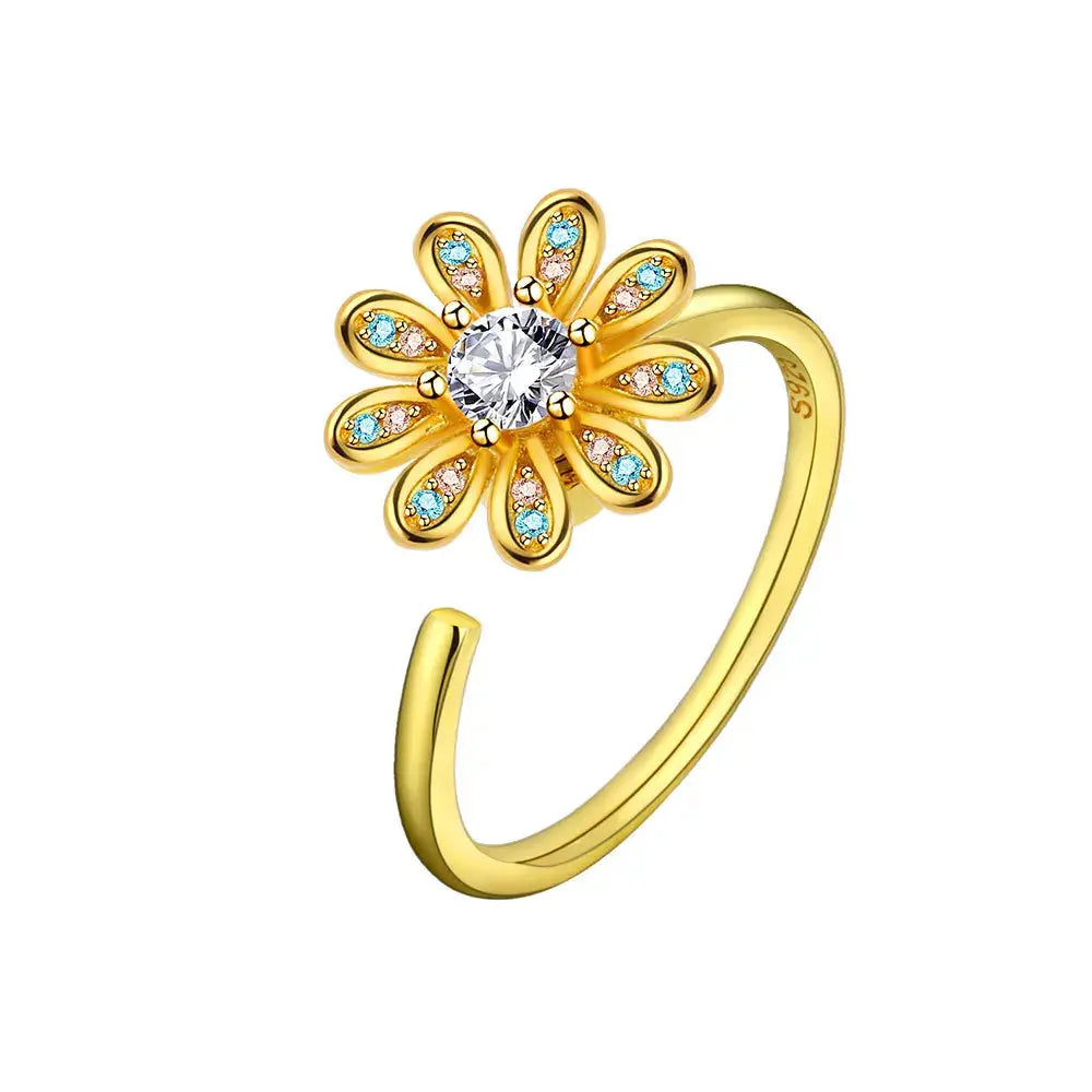 VENTFILLE 925 Sterling Silver Sunflower Diamond Zircon Rotatable Ring For Women Gift Relieve Stress Ring Jewelry Wholesale Streetsharks