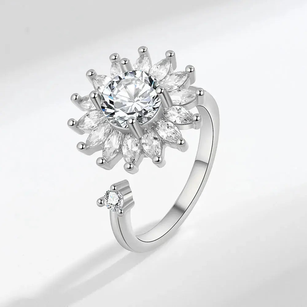 VENTFILLE 925 Sterling Silver Sunflower Diamond Zircon Rotatable Ring For Women Gift Relieve Stress Ring Jewelry Wholesale Streetsharks