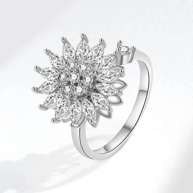 VENTFILLE 925 Sterling Silver Sunflower Diamond Zircon Rotatable Ring For Women Gift Relieve Stress Ring Jewelry Wholesale Streetsharks