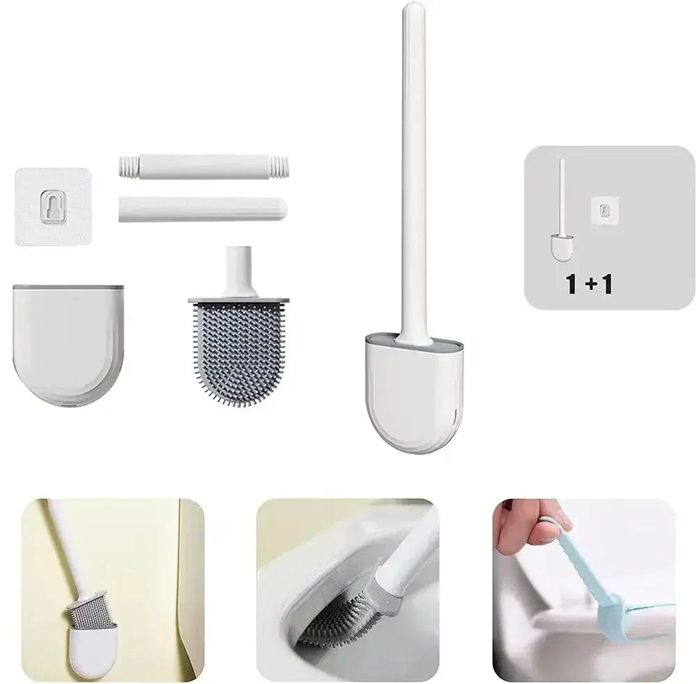 Wall Mounted Toilet Brush Replacement Long Handled Silicone Toilet Brushes Quick Drying Soft Bristles Toilet Bidet Bathroom Set luxecrown.co.uk