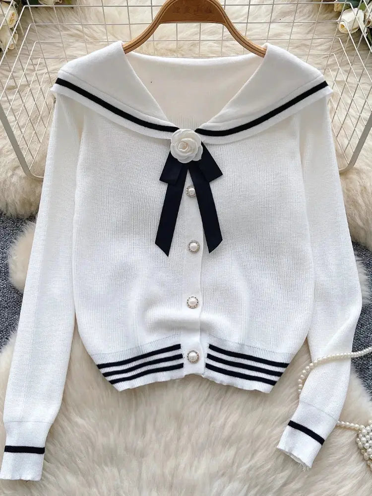 Women Autumn Winter Full Sleeve Sweater Korean Style Bow  Sailor Collar  Knitted Cardigan Fashion O-Neck Single-breasted Tops luxecrown.co.uk
