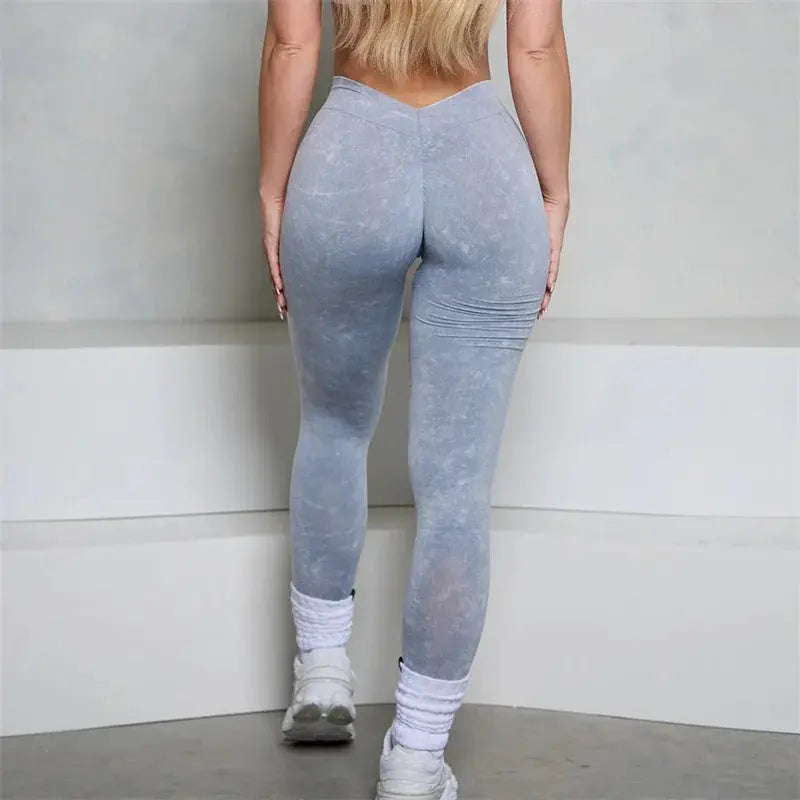 Women BUM Low V-Back Scrunch Butt Leggings Acid Wash Denim Blue Women Seamless High Stretch Sports Yoga Pants Women Gym Cycling luxecrown.co.uk