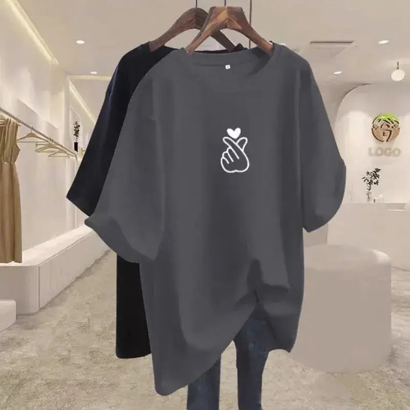 Women Clothing Elegant Chic Print Basic T-shirts Summer Fashion Pure Cotton O-neck Short Sleeve Top Tee Loose Pullover 45-105Kg luxecrown.co.uk