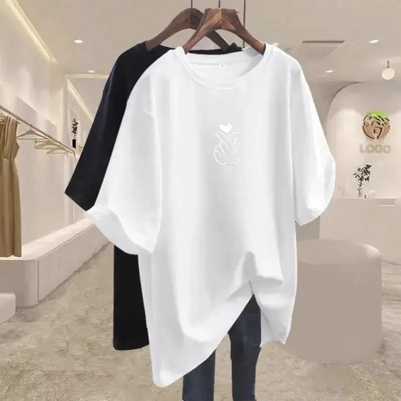 Women Clothing Elegant Chic Print Basic T-shirts Summer Fashion Pure Cotton O-neck Short Sleeve Top Tee Loose Pullover 45-105Kg luxecrown.co.uk