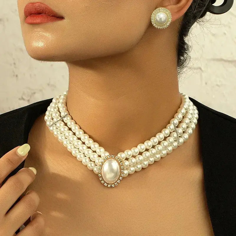 Women Elegant Pearl Clavicle Chain Collares Ladies Short Pendant Necklaces Earrings Choker Jewelry set Streetsharks