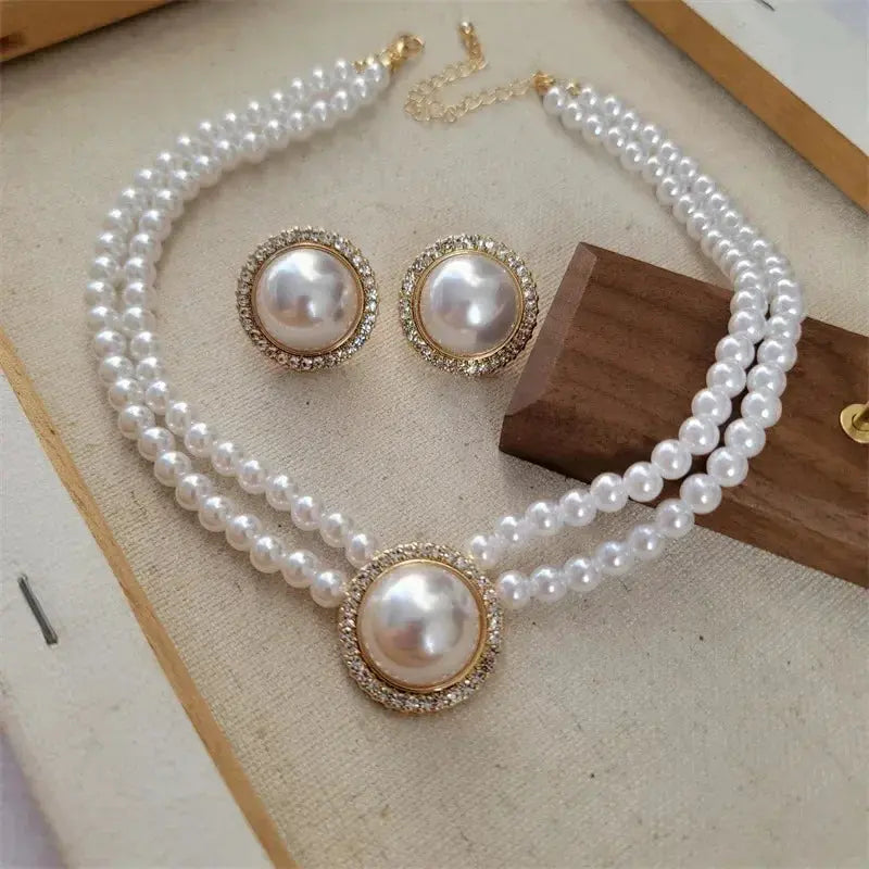 Women Elegant Pearl Clavicle Chain Collares Ladies Short Pendant Necklaces Earrings Choker Jewelry set Streetsharks
