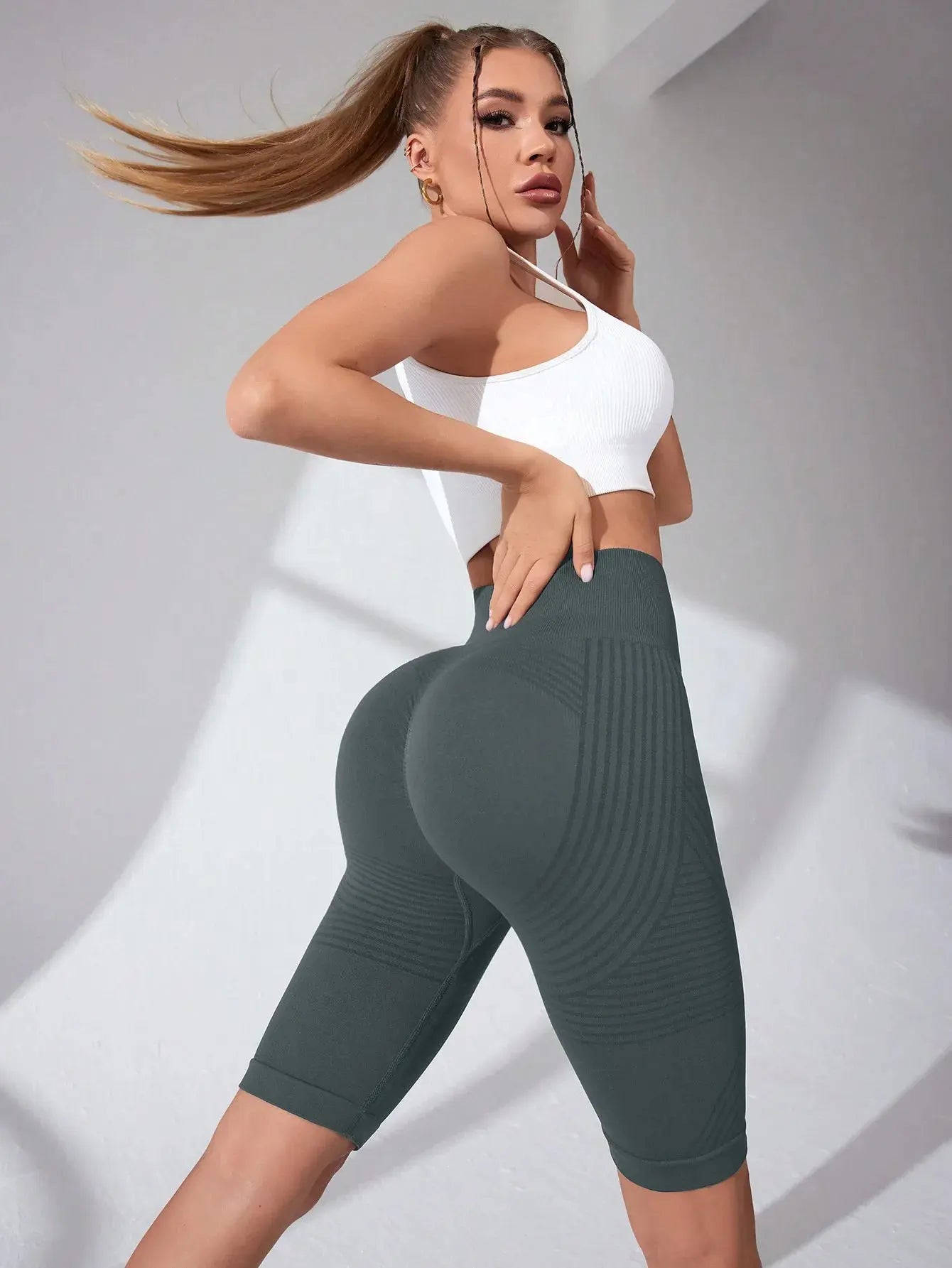 Women Knited Slim Shorts High Waist Seamless Yoga Shorts Workout Running Linear Aesthetic Leggings Stretchy Push Up Butt  Shorts luxecrown.co.uk