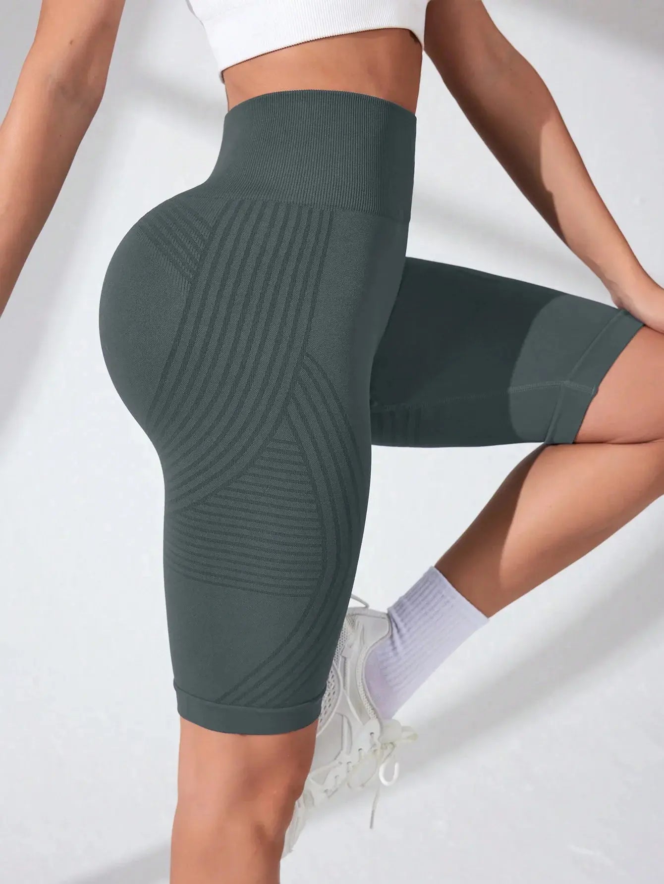 Women Knited Slim Shorts High Waist Seamless Yoga Shorts Workout Running Linear Aesthetic Leggings Stretchy Push Up Butt  Shorts luxecrown.co.uk