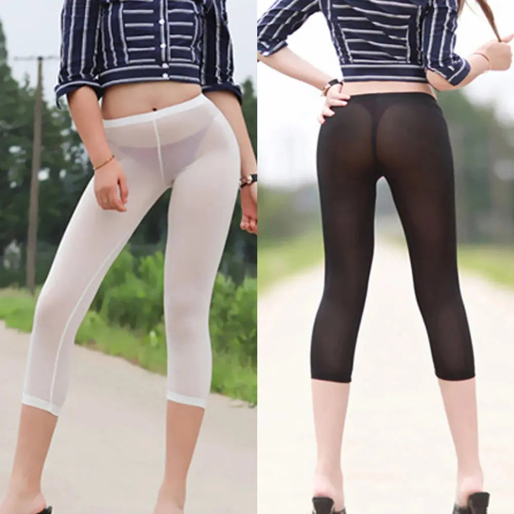 Women Sexy See Through Cropped Pants High Elastic Ice Silk Leggings Transparent Trousers Ultra-Thin Tights Breathable Underwear Streetsharks