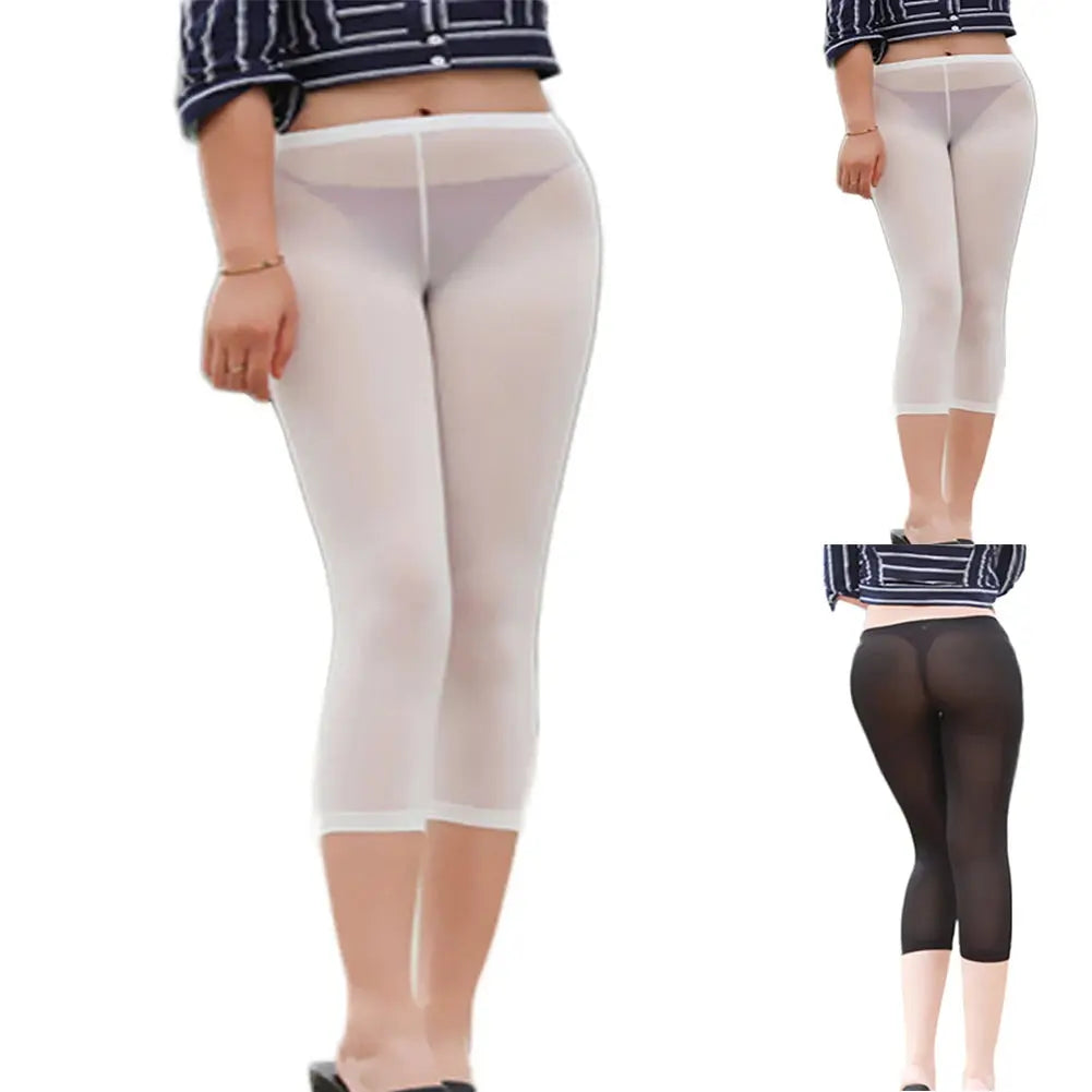 Women Sexy See Through Cropped Pants High Elastic Ice Silk Leggings Transparent Trousers Ultra-Thin Tights Breathable Underwear Streetsharks