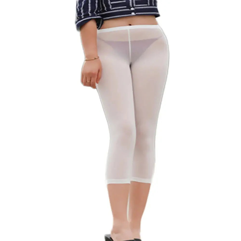 Women Sexy See Through Cropped Pants High Elastic Ice Silk Leggings Transparent Trousers Ultra-Thin Tights Breathable Underwear Streetsharks
