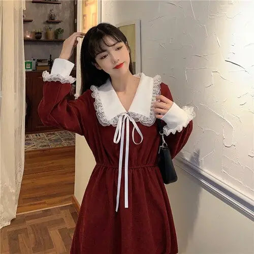 Women Vintage Dress Sweet Lace Peter Pan Collar French Elegant Long Sleeve Lace-Up Fairy One Piece Dress Korean 2023 Autumn Chic wear Streetsharks