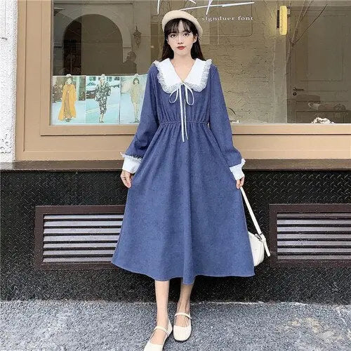 Women Vintage Dress Sweet Lace Peter Pan Collar French Elegant Long Sleeve Lace-Up Fairy One Piece Dress Korean 2023 Autumn Chic wear Streetsharks