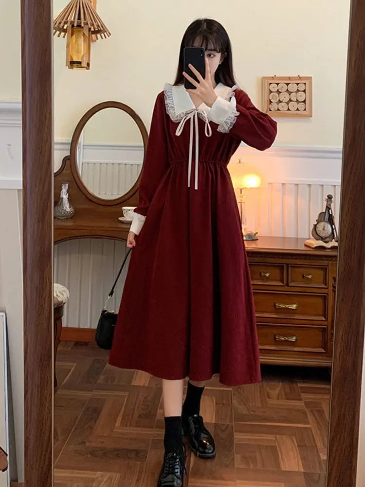 Women Vintage Dress Sweet Lace Peter Pan Collar French Elegant Long Sleeve Lace-Up Fairy One Piece Dress Korean 2023 Autumn Chic wear Streetsharks