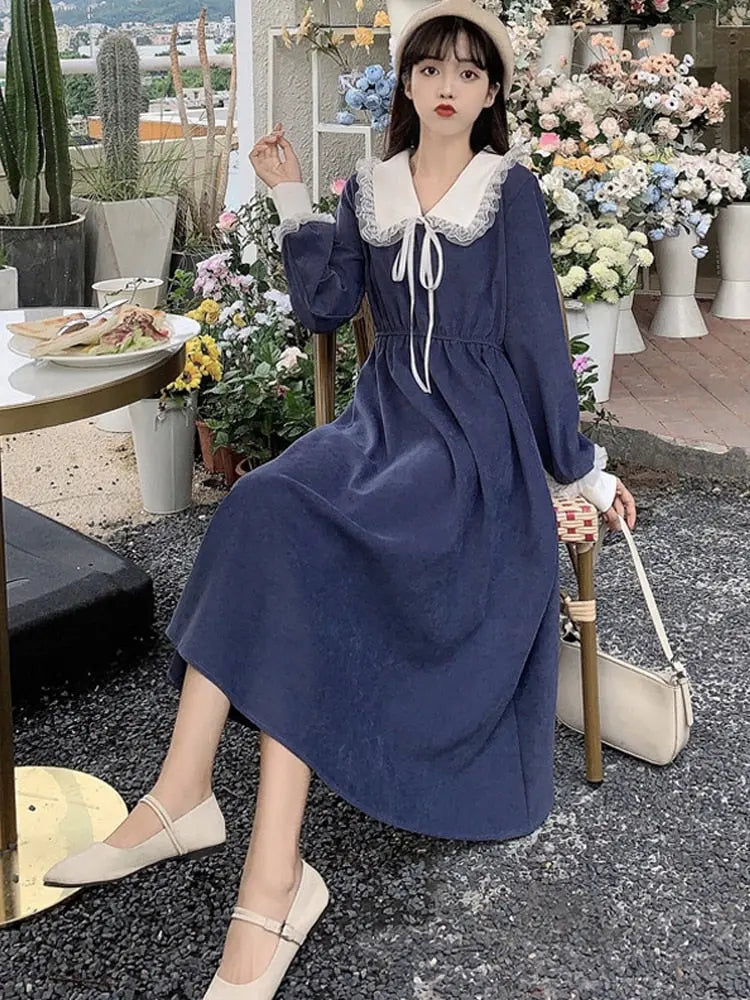 Women Vintage Dress Sweet Lace Peter Pan Collar French Elegant Long Sleeve Lace-Up Fairy One Piece Dress Korean 2023 Autumn Chic wear Streetsharks