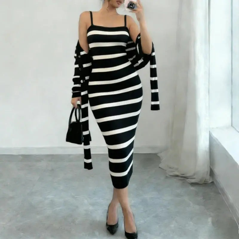 Women's 2-Piece Knit Outfit Long Sleeve Cardigan+Striped Dress Set Black White Bodycon Casual Office Party Matching Dress Set luxecrown.co.uk