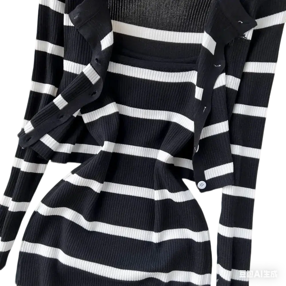 Women's 2-Piece Knit Outfit Long Sleeve Cardigan+Striped Dress Set Black White Bodycon Casual Office Party Matching Dress Set luxecrown.co.uk