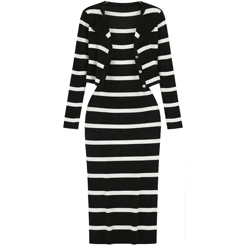 Women's 2-Piece Knit Outfit Long Sleeve Cardigan+Striped Dress Set Black White Bodycon Casual Office Party Matching Dress Set luxecrown.co.uk