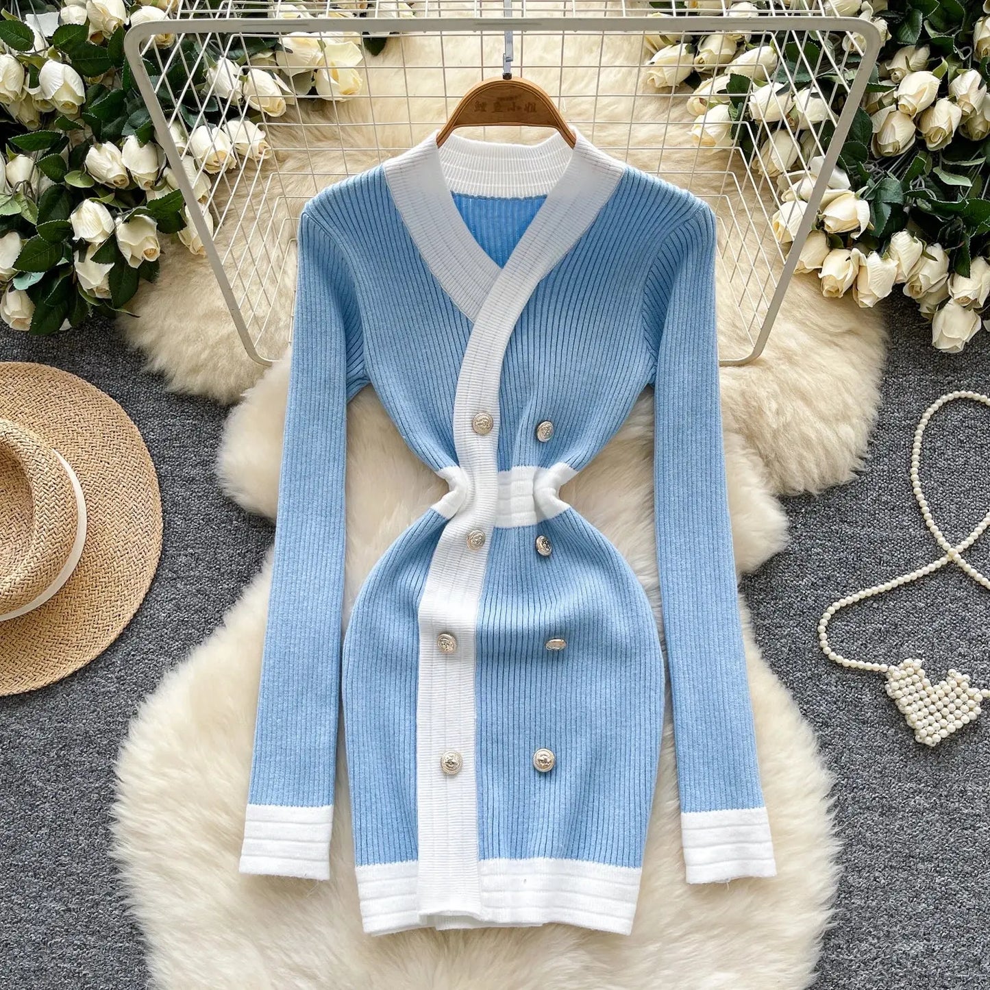 Women's French Style V Neck Long Sleeve Knitted Bodycon Dress Classic Soft Office Elegant Lady Autumn luxecrown.co.uk