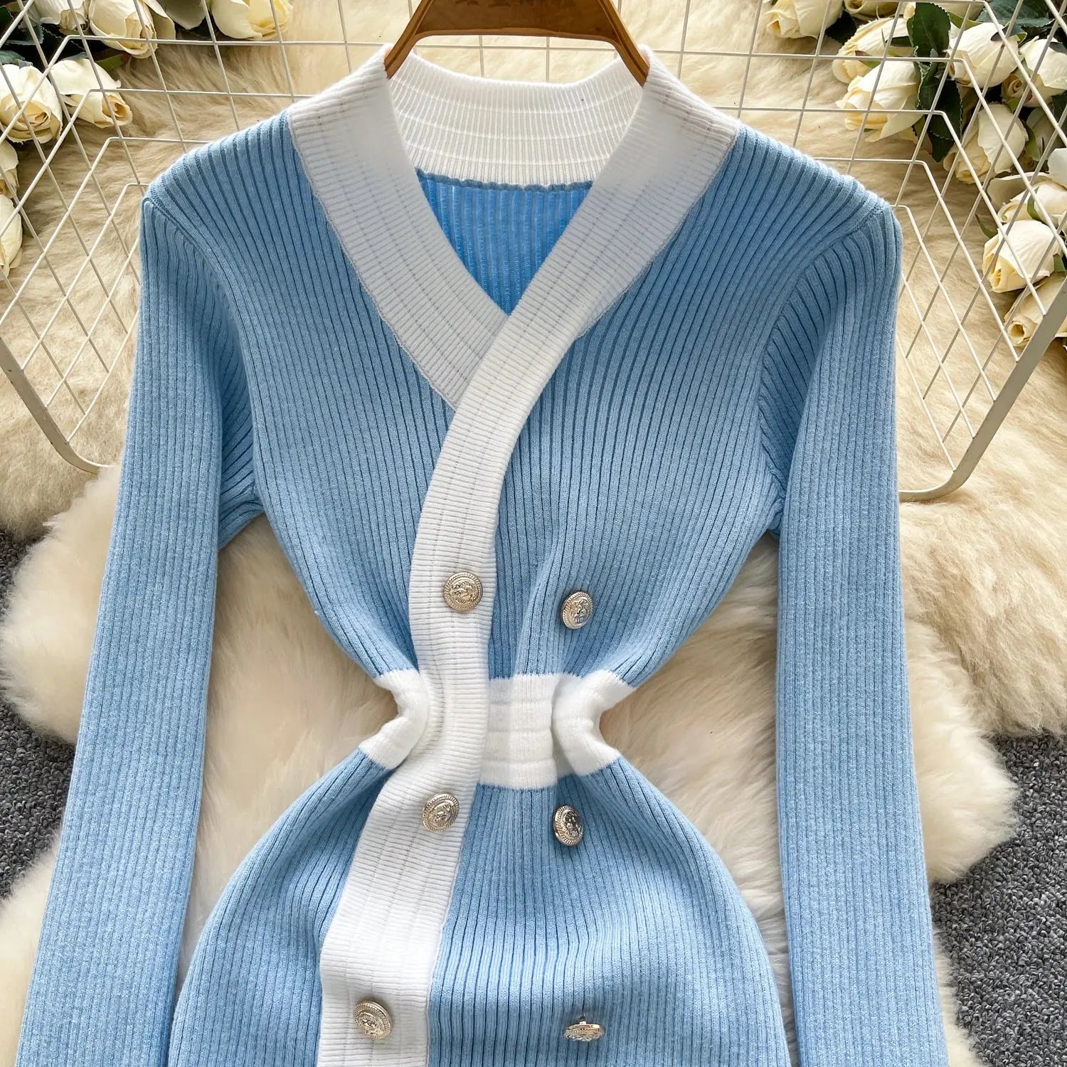 Women's French Style V Neck Long Sleeve Knitted Bodycon Dress Classic Soft Office Elegant Lady Autumn luxecrown.co.uk