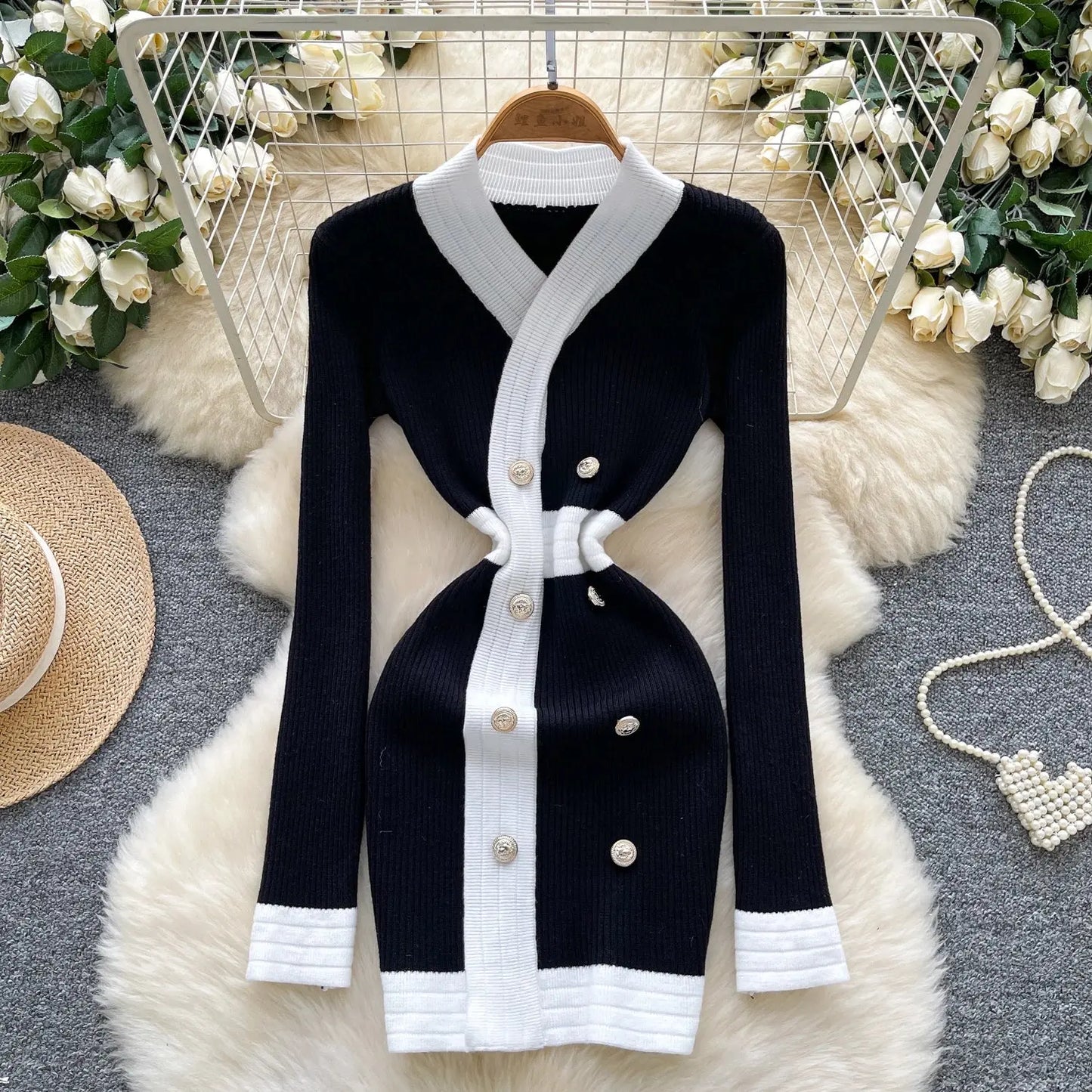 Women's French Style V Neck Long Sleeve Knitted Bodycon Dress Classic Soft Office Elegant Lady Autumn luxecrown.co.uk
