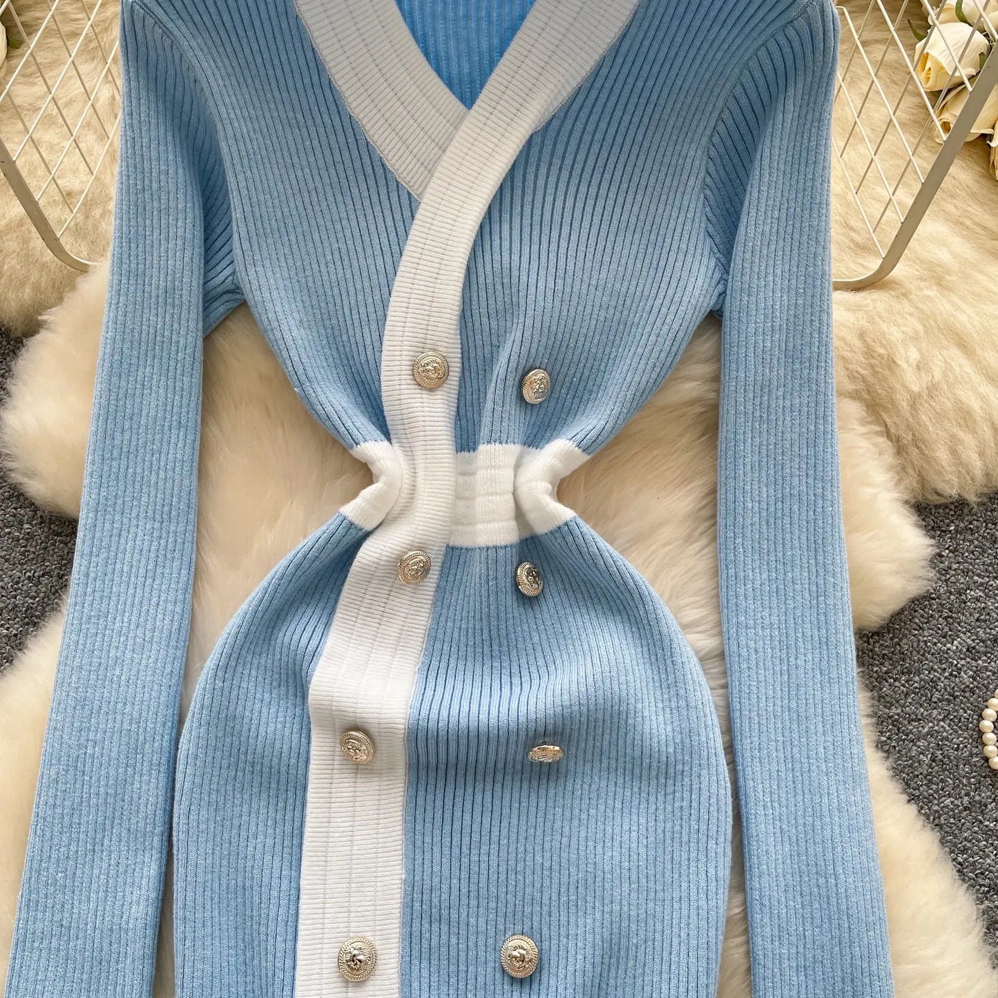 Women's French Style V Neck Long Sleeve Knitted Bodycon Dress Classic Soft Office Elegant Lady Autumn luxecrown.co.uk