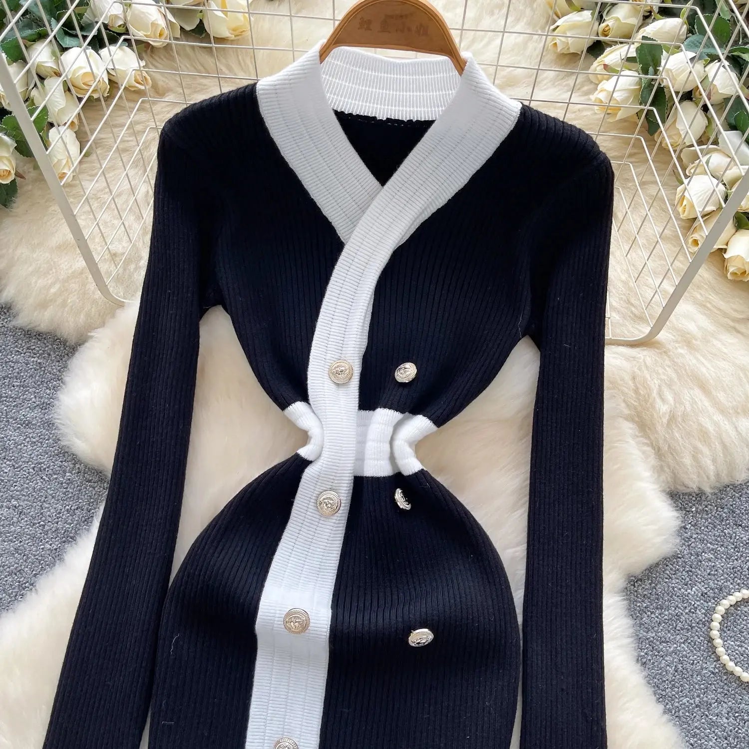 Women's French Style V Neck Long Sleeve Knitted Bodycon Dress Classic Soft Office Elegant Lady Autumn luxecrown.co.uk
