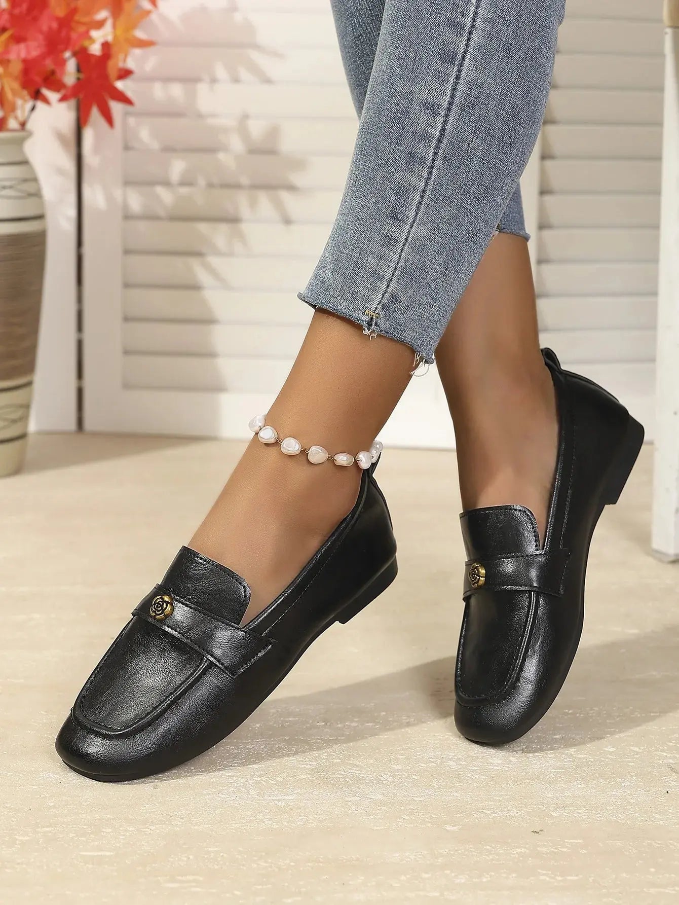 Women's Leather Flat Loafers with Gold-Tone Flower Accessory Round Apron Toe Low Block Heel Comfortable & Office Dress Shoes luxecrown.co.uk