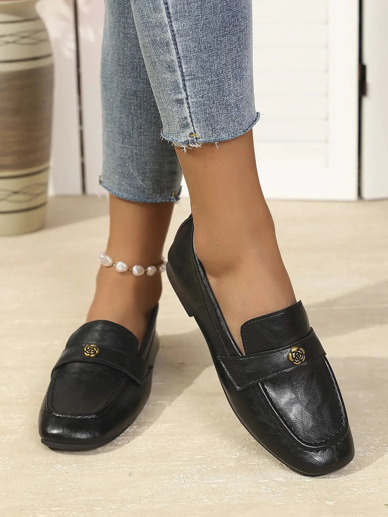 Women's Leather Flat Loafers with Gold-Tone Flower Accessory Round Apron Toe Low Block Heel Comfortable & Office Dress Shoes luxecrown.co.uk