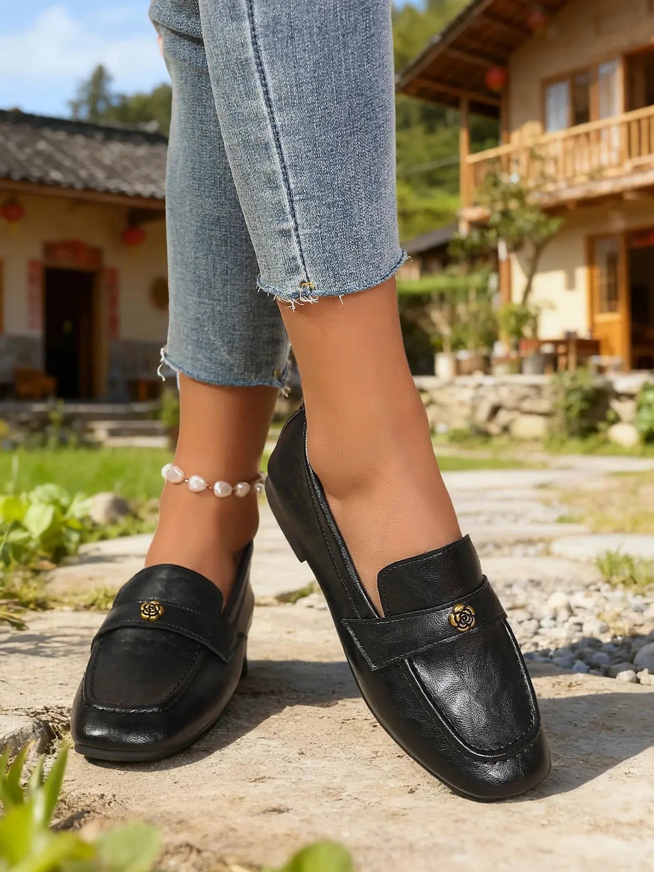 Women's Leather Flat Loafers with Gold-Tone Flower Accessory Round Apron Toe Low Block Heel Comfortable & Office Dress Shoes luxecrown.co.uk