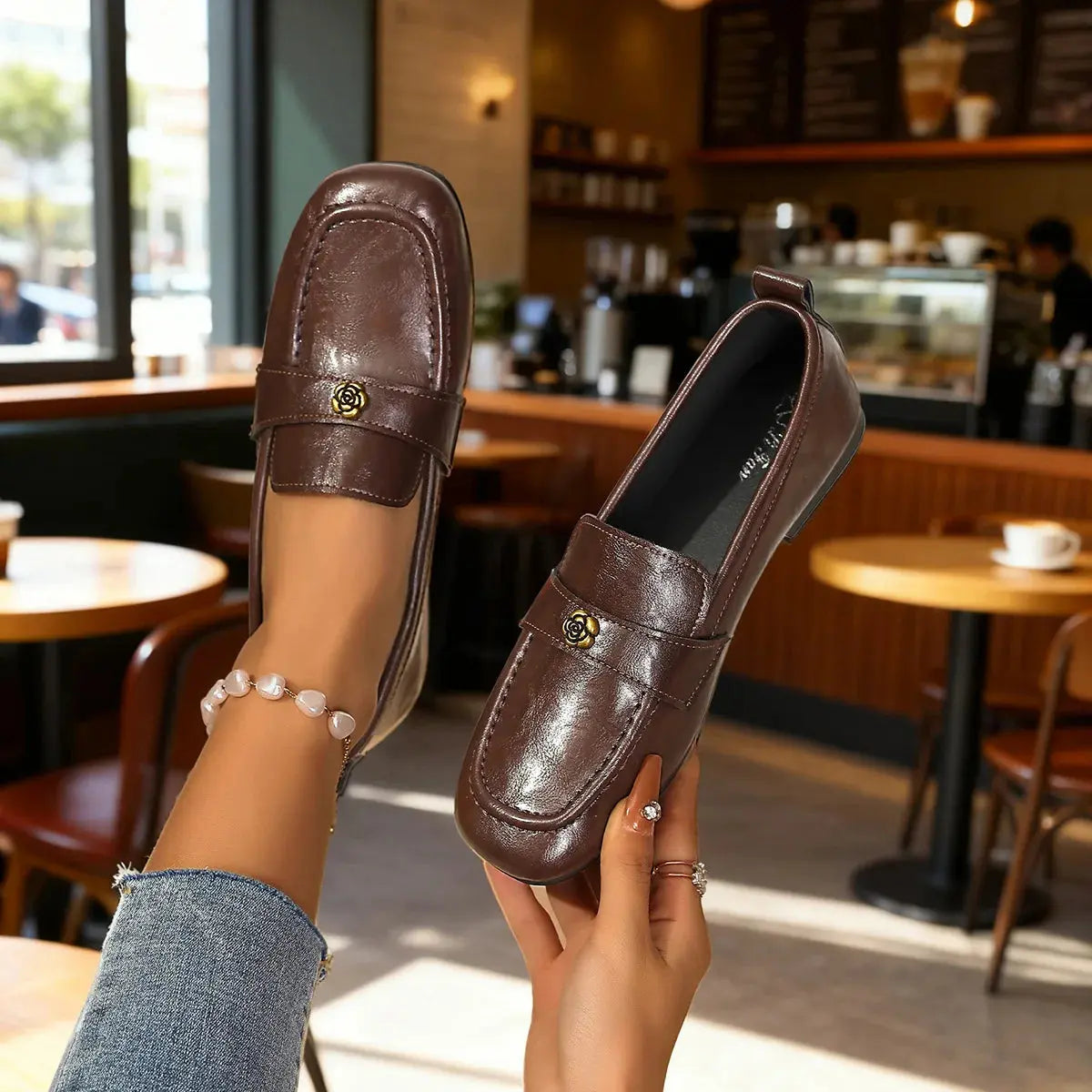 Women's Leather Flat Loafers with Gold-Tone Flower Accessory Round Apron Toe Low Block Heel Comfortable & Office Dress Shoes luxecrown.co.uk