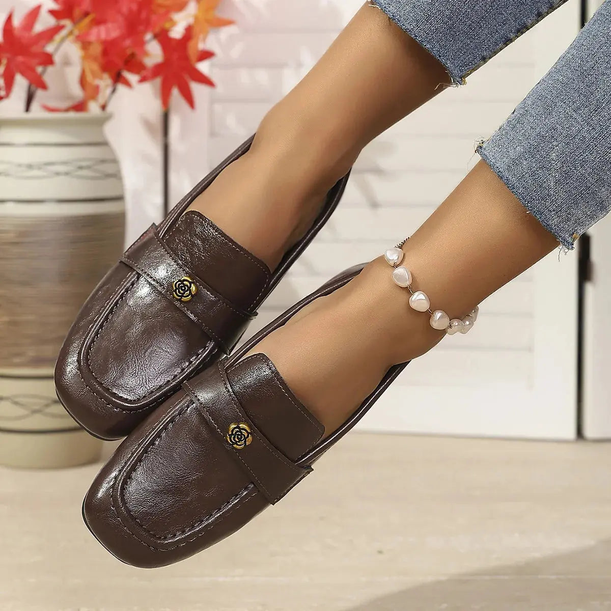 Women's Leather Flat Loafers with Gold-Tone Flower Accessory Round Apron Toe Low Block Heel Comfortable & Office Dress Shoes luxecrown.co.uk