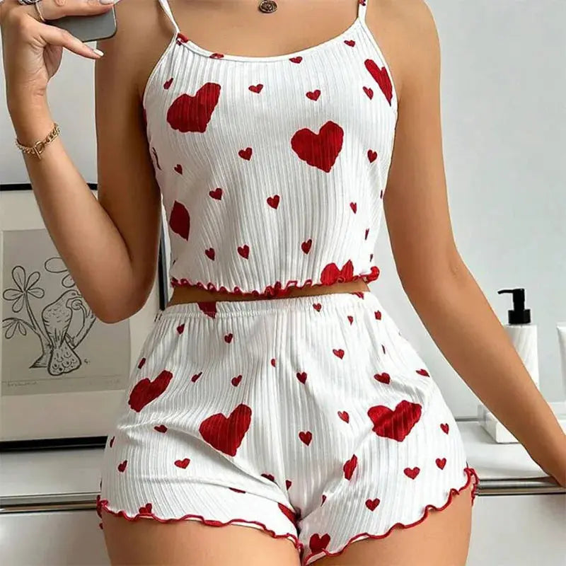 Women's Pajamas Set Sleepwear 2 PCS Short Tank Tops And Shorts S M L White Ventilate Soft Casual Love Printing luxecrown.co.uk