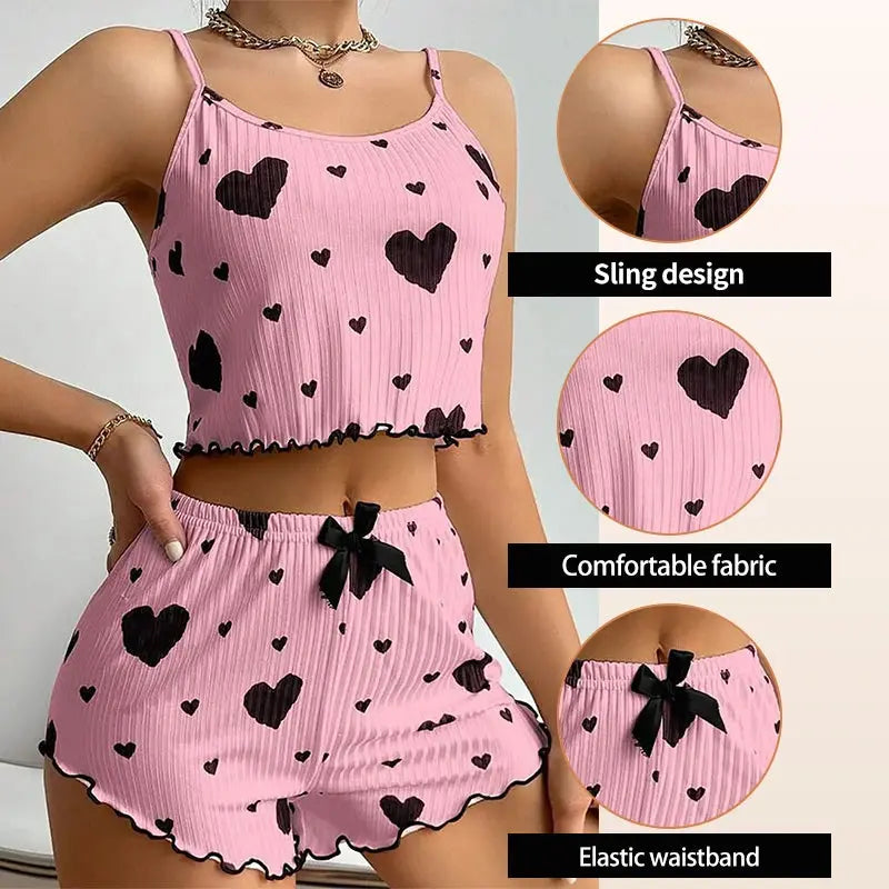 Women's Pajamas Set Sleepwear 2 PCS Short Tank Tops And Shorts S M L White Ventilate Soft Casual Love Printing luxecrown.co.uk