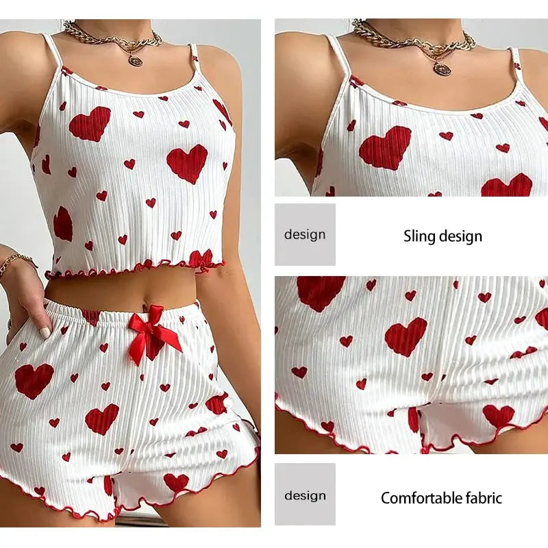 Women's Pajamas Set Sleepwear 2 PCS Short Tank Tops And Shorts S M L White Ventilate Soft Casual Love Printing luxecrown.co.uk