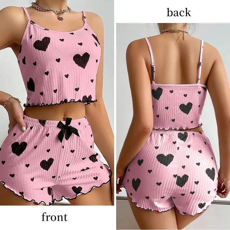 Women's Pajamas Set Sleepwear 2 PCS Short Tank Tops And Shorts S M L White Ventilate Soft Casual Love Printing luxecrown.co.uk