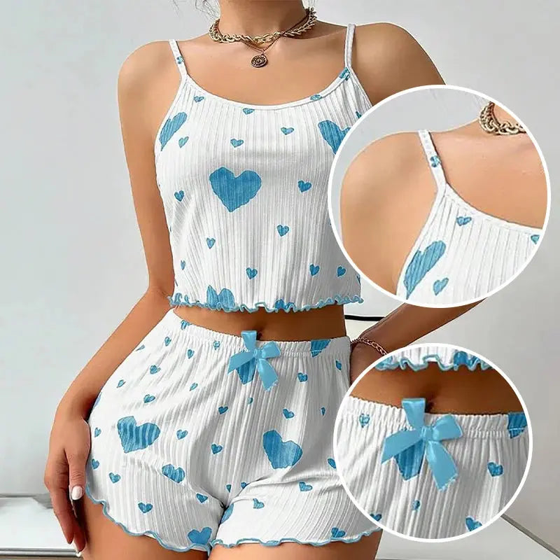 Women's Pajamas Set Sleepwear 2 PCS Short Tank Tops And Shorts S M L White Ventilate Soft Casual Love Printing luxecrown.co.uk