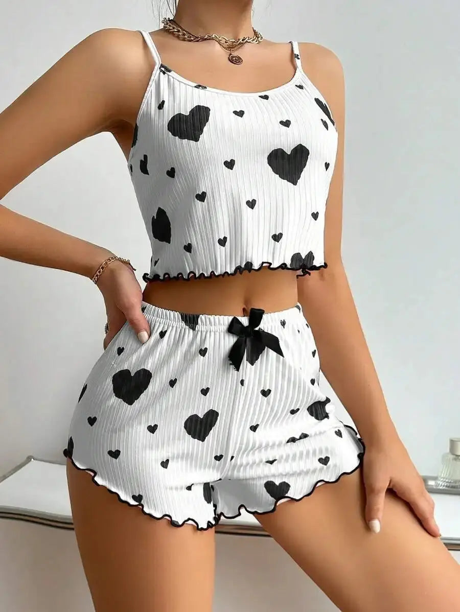 Women's Pajamas Set Sleepwear 2 PCS Short Tank Tops And Shorts S M L White Ventilate Soft Casual Love Printing luxecrown.co.uk