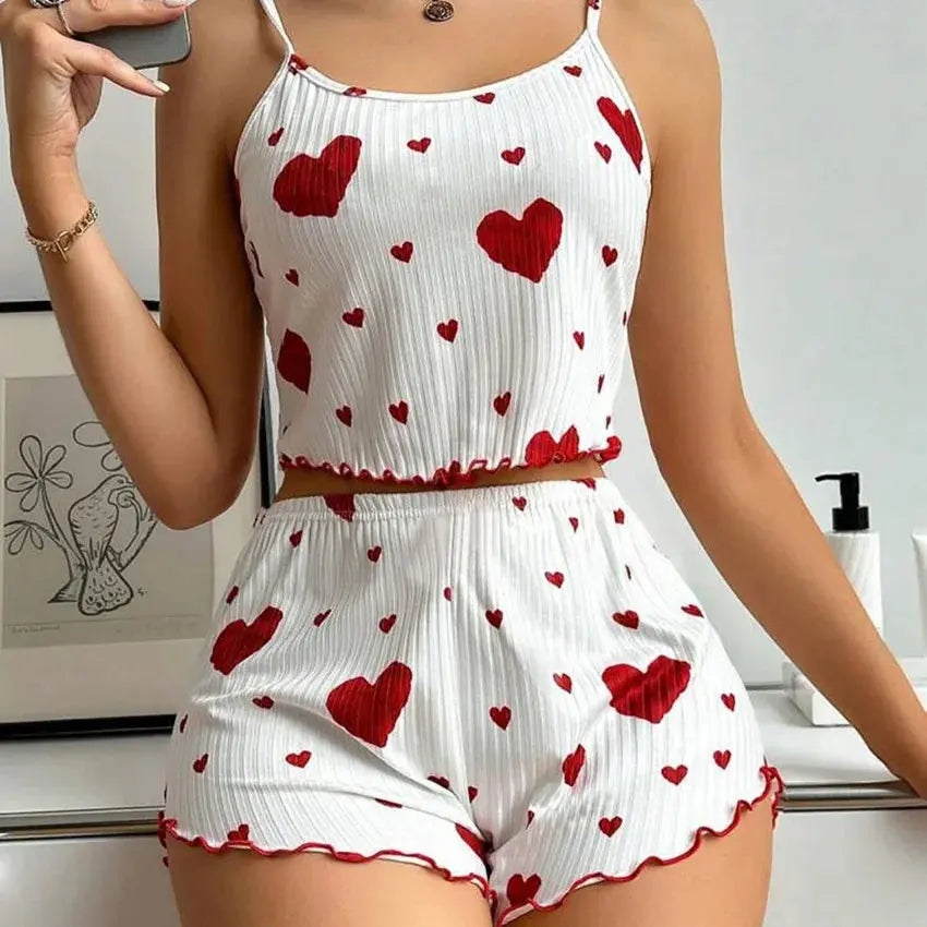 Women's Pajamas Set Sleepwear 2 PCS Short Tank Tops And Shorts S M L White Ventilate Soft Casual Love Printing luxecrown.co.uk
