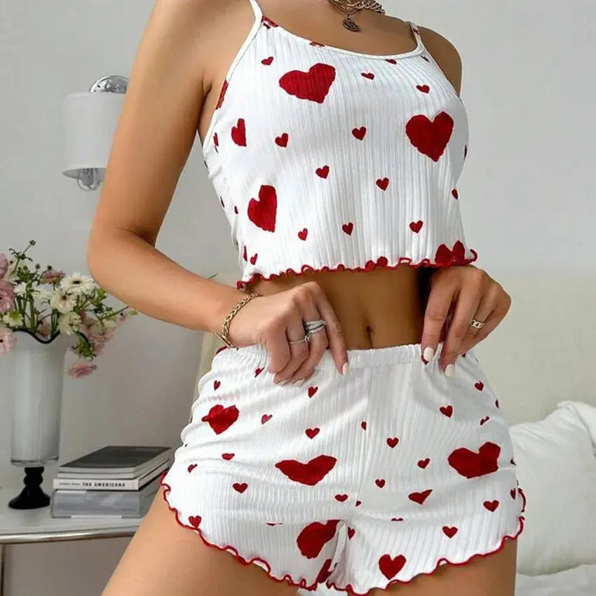 Women's Pajamas Set Sleepwear 2 PCS Short Tank Tops And Shorts S M L White Ventilate Soft Casual Love Printing luxecrown.co.uk