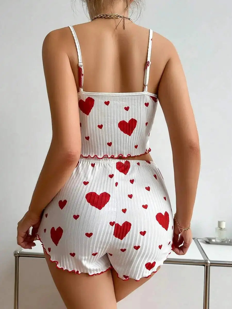 Women's Pajamas Set Sleepwear 2 PCS Short Tank Tops And Shorts S M L White Ventilate Soft Casual Love Printing luxecrown.co.uk