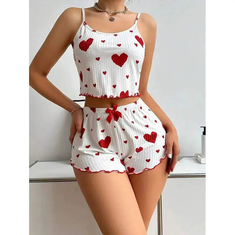 Women's Pajamas Set Sleepwear 2 PCS Short Tank Tops And Shorts S M L White Ventilate Soft Casual Love Printing luxecrown.co.uk
