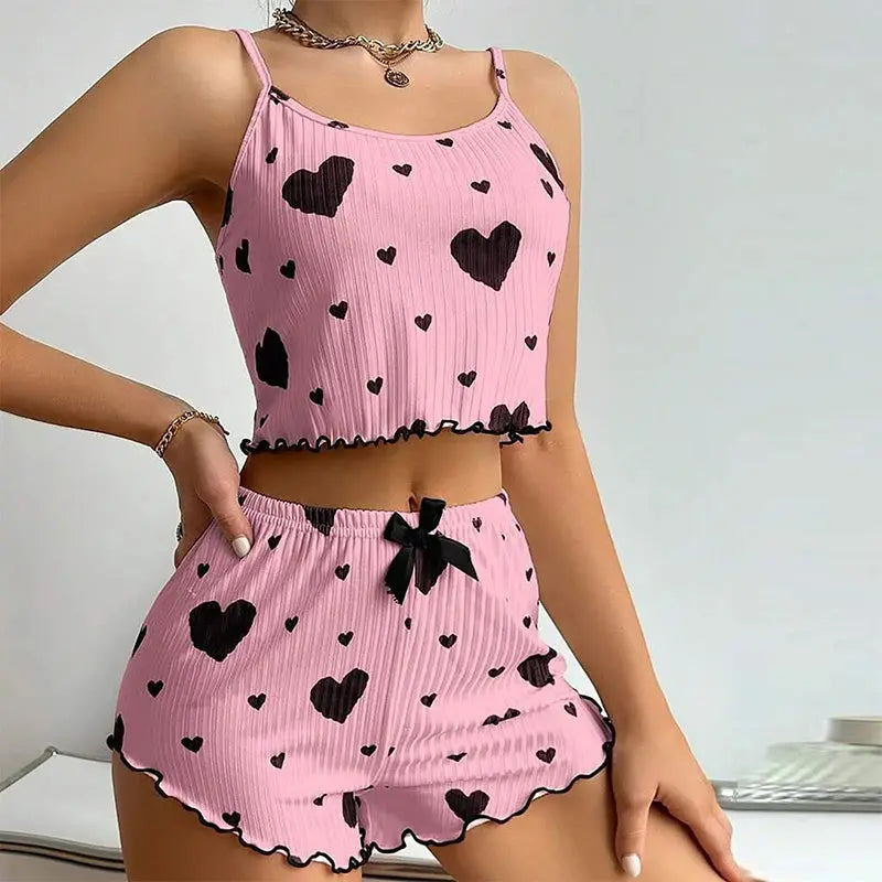 Women's Pajamas Set Sleepwear 2 PCS Short Tank Tops And Shorts S M L White Ventilate Soft Casual Love Printing luxecrown.co.uk