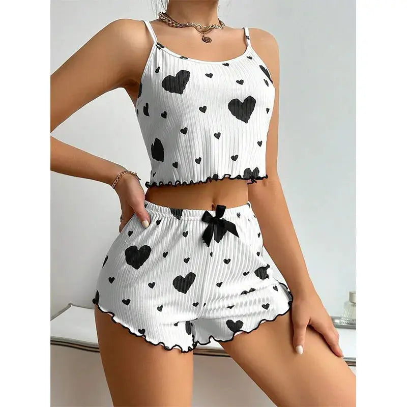 Women's Pajamas Set Sleepwear 2 PCS Short Tank Tops And Shorts S M L White Ventilate Soft Casual Love Printing luxecrown.co.uk