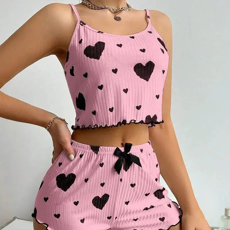 Women's Pajamas Set Sleepwear 2 PCS Short Tank Tops And Shorts S M L White Ventilate Soft Casual Love Printing luxecrown.co.uk