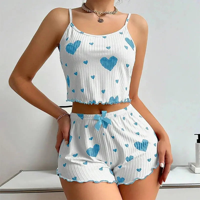 Women's Pajamas Set Sleepwear 2 PCS Short Tank Tops And Shorts S M L White Ventilate Soft Casual Love Printing luxecrown.co.uk